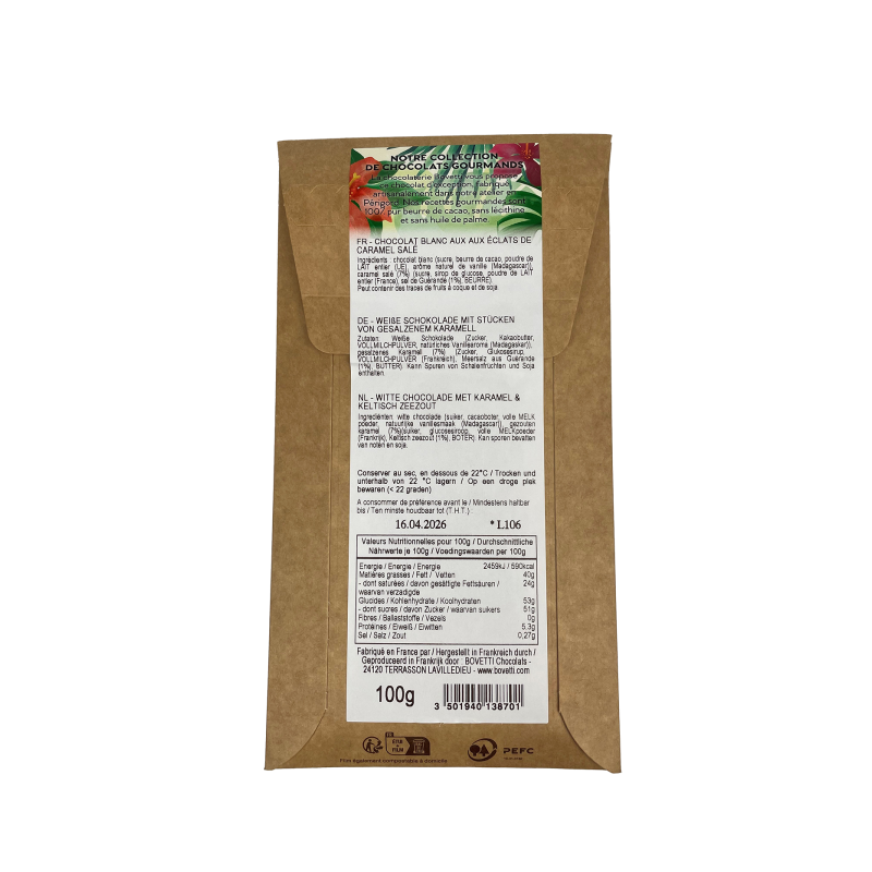 Chocolat blanc aux éclats craquants de caramel salé | Maison Bovetti